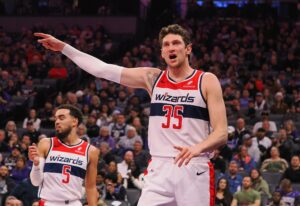 Dec 18, 2023; Sacramento, California, USA; Washington Wizards forward/center Mike Muscala (35) questions the call against the Sacramento Kings during the first quarter at Golden 1 Center. Mandatory Credit: Kelley L Cox-USA TODAY Sports