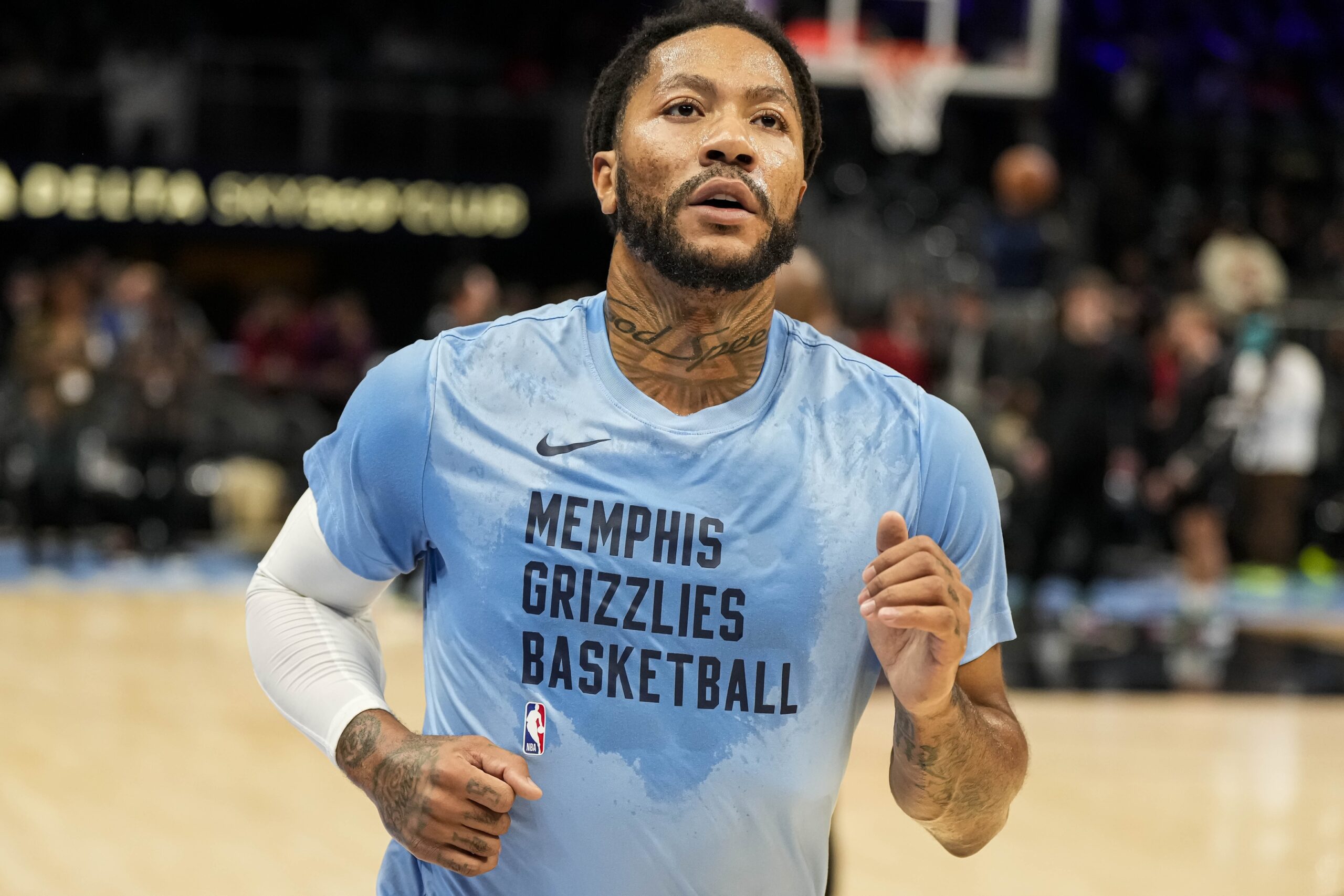 Dec 23, 2023; Atlanta, Georgia, USA; Memphis Grizzlies guard Derrick Rose (23) warms up on the court prior to the game against the Atlanta Hawks at State Farm Arena. Mandatory Credit: Dale Zanine-USA TODAY Sports