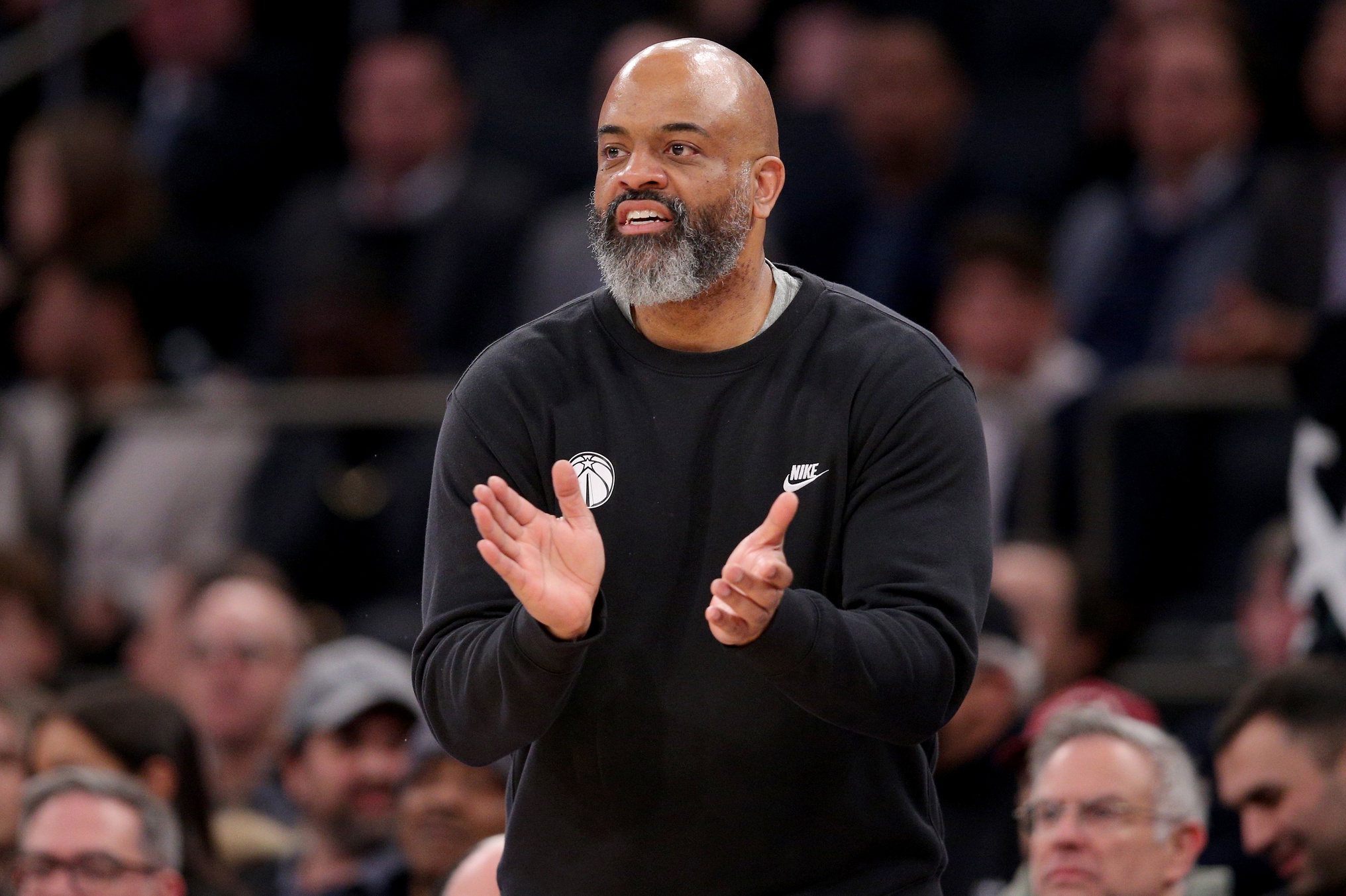 Jan 18, 2024; New York, New York, USA; Washington Wizards head coach Wes Unseld Jr. coaches against the New York Knicks during the third quarter at Madison Square Garden. Mandatory Credit: Brad Penner-USA TODAY Sports