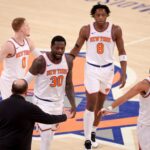 Jan 18, 2024; New York, New York, USA; New York Knicks head coach Tom Thibodeau high fives New York Knicks forward Julius Randle (30) with guard Donte DiVincenzo (0) and forward OG Anunoby (8) and guard Jalen Brunson (11) during the first quarter against the Washington Wizards at Madison Square Garden. Mandatory Credit: Brad Penner-USA TODAY Sports