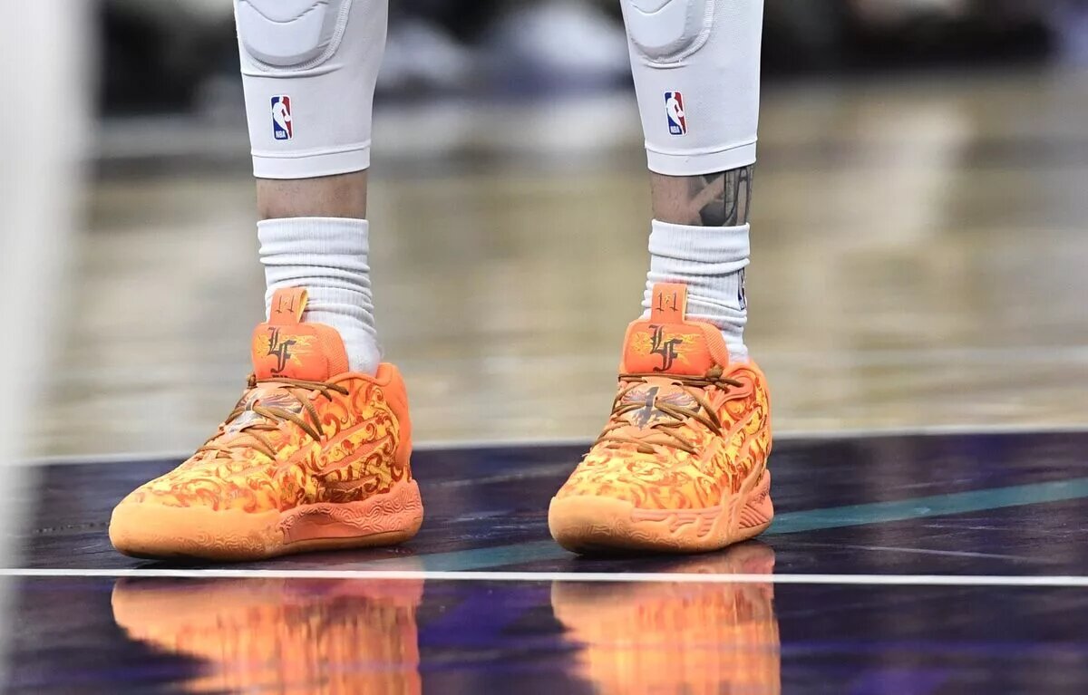 Jan 19, 2024; Charlotte, North Carolina, USA; A detailed view of the shoes of Charlotte Hornets guard LaMelo Ball (1) during the first half against the San Antonio Spurs at the Spectrum Center. Mandatory Credit: Sam Sharpe-USA TODAY Sports