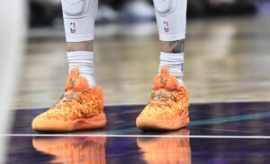 Jan 19, 2024; Charlotte, North Carolina, USA; A detailed view of the shoes of Charlotte Hornets guard LaMelo Ball (1) during the first half against the San Antonio Spurs at the Spectrum Center. Mandatory Credit: Sam Sharpe-USA TODAY Sports