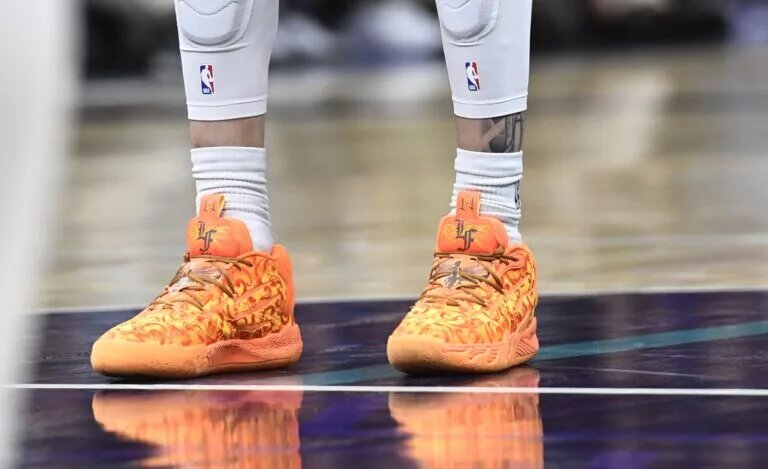 Jan 19, 2024; Charlotte, North Carolina, USA; A detailed view of the shoes of Charlotte Hornets guard LaMelo Ball (1) during the first half against the San Antonio Spurs at the Spectrum Center. Mandatory Credit: Sam Sharpe-USA TODAY Sports