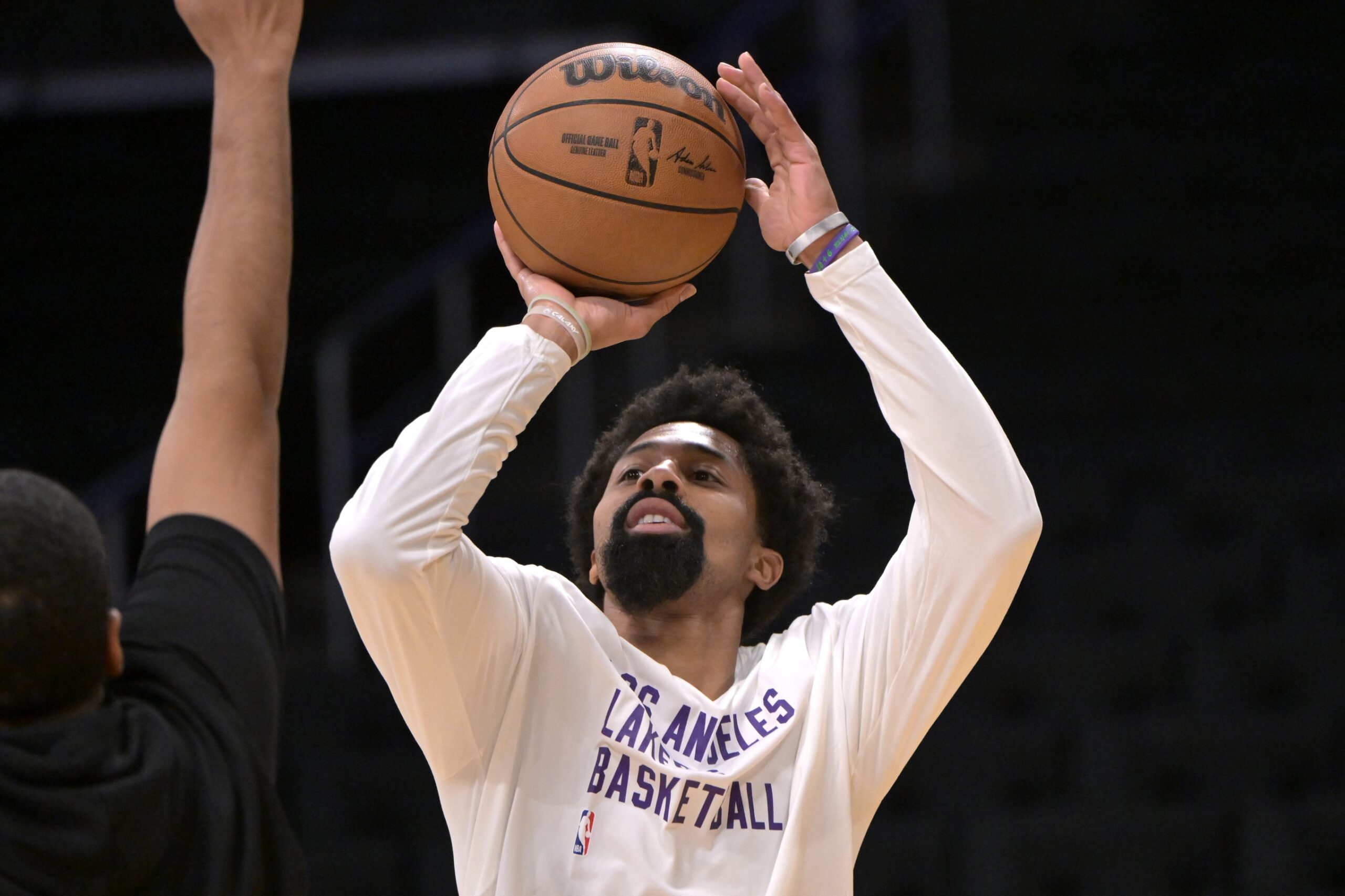 Feb 13, 2024; Los Angeles, California, USA; Los Angeles Lakers guard Spencer Dinwiddie (26) warms up prior to the game against the Detroit Pistons at Crypto.com Arena. Mandatory Credit: Jayne Kamin-Oncea-USA TODAY Sports