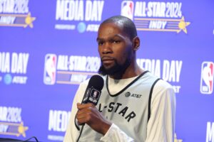 Feb 17, 2024; Indianapolis, IN, USA; Western Conference forward Kevin Durant (35) of the Phoenix Suns talk to the press during NBA All Star practice at Gainbridge Fieldhouse. Mandatory Credit: Trevor Ruszkowski-USA TODAY Sports