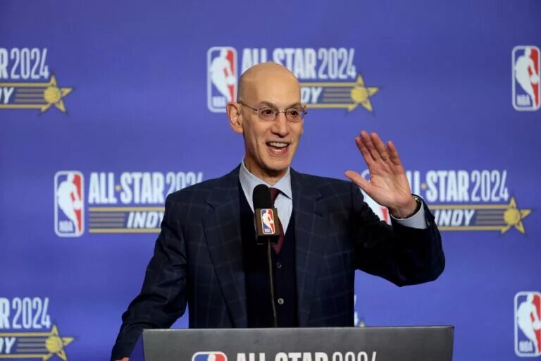 Feb 17, 2024; Indianapolis, IN, USA; NBA Commissioner Adam Silver talks to media during a press conference before NBA All Star Saturday Night at Lucas Oil Stadium. Mandatory Credit: Trevor Ruszkowski-USA TODAY Sports