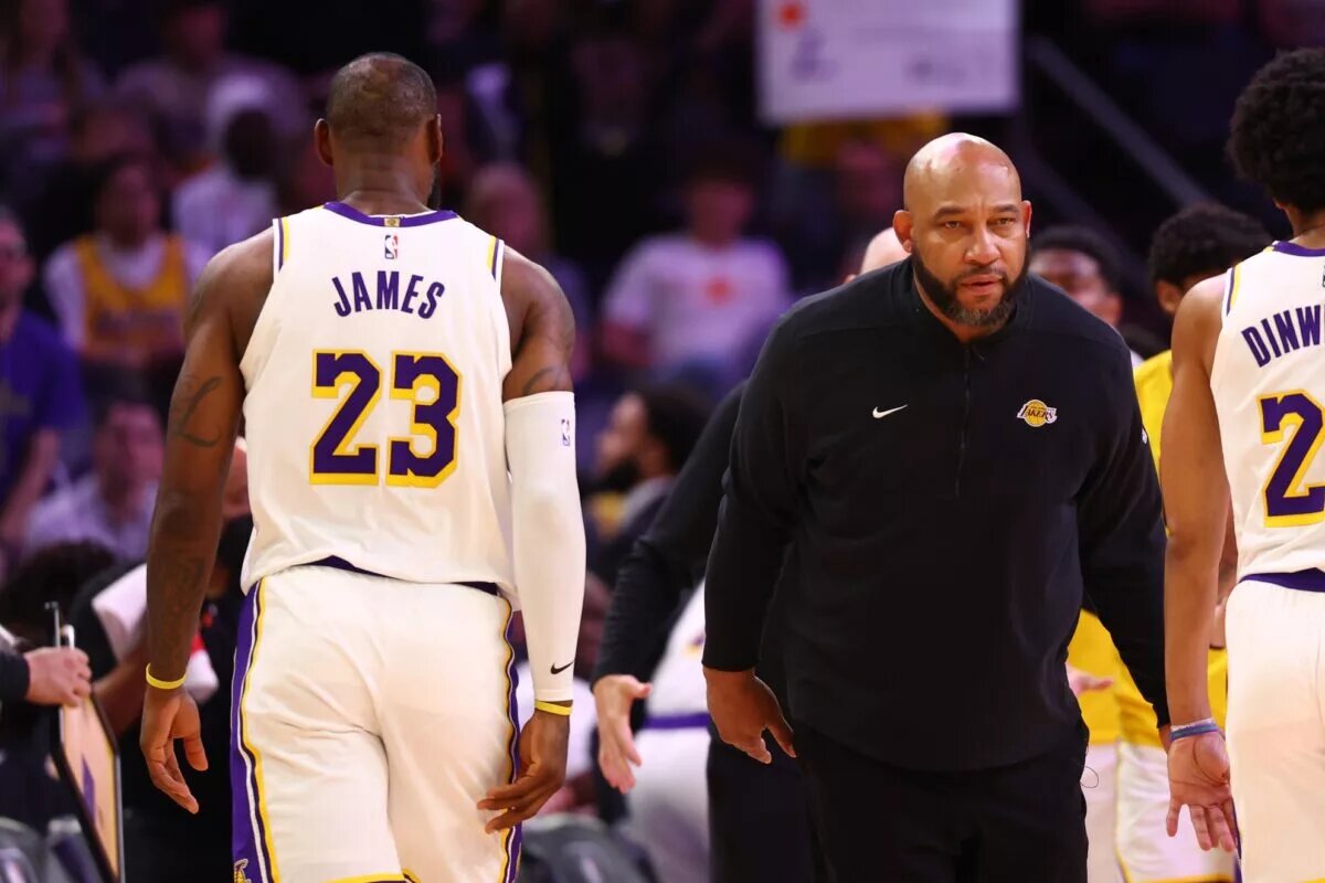 Feb 25, 2024; Phoenix, Arizona, USA; Los Angeles Lakers head coach Darvin Ham with forward LeBron James (23) against the Phoenix Suns at Footprint Center. Mandatory Credit: Mark J. Rebilas-USA TODAY Sports