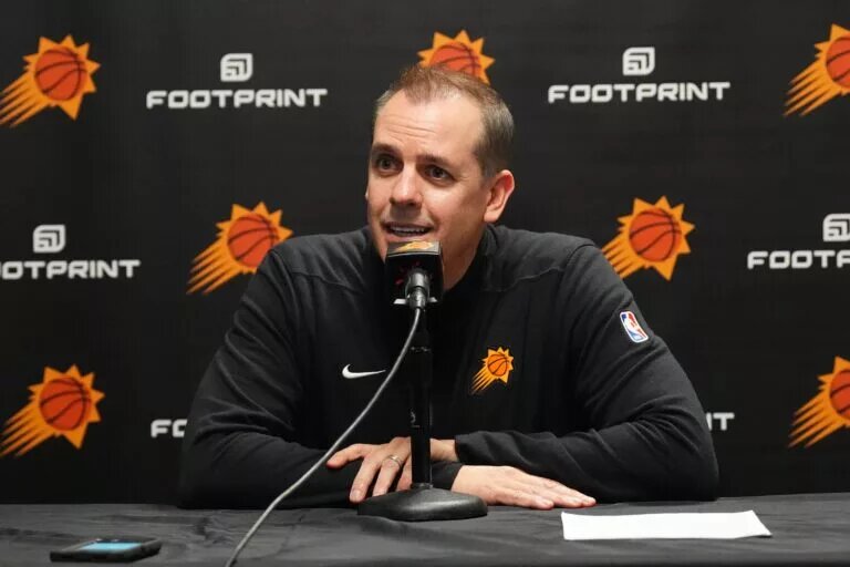 Mar 5, 2024; Denver, Colorado, USA; Phoenix Suns head coach Frank Vogel speaks before a game against the Denver Nuggets at Ball Arena. Mandatory Credit: Ron Chenoy-USA TODAY Sports