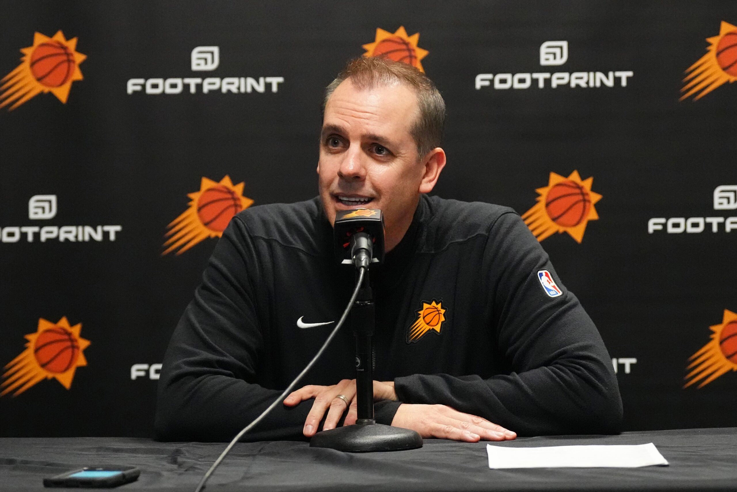 Mar 5, 2024; Denver, Colorado, USA; Phoenix Suns head coach Frank Vogel speaks before a game against the Denver Nuggets at Ball Arena. Mandatory Credit: Ron Chenoy-USA TODAY Sports