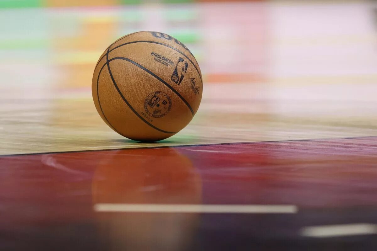 Mar 5, 2024; Miami, Florida, USA; A basketball sits on the court during the first half in the game between the Detroit Pistons and the Miami Heat at Kaseya Center. Mandatory Credit: Rhona Wise-USA TODAY Sports