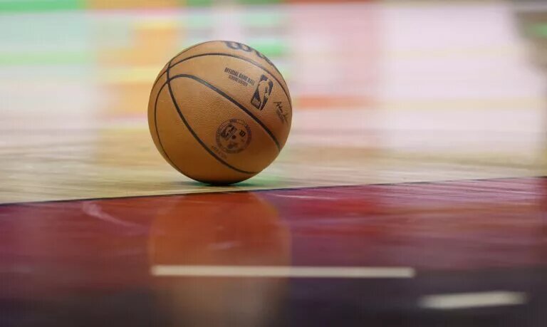 Mar 5, 2024; Miami, Florida, USA; A basketball sits on the court during the first half in the game between the Detroit Pistons and the Miami Heat at Kaseya Center. Mandatory Credit: Rhona Wise-USA TODAY Sports