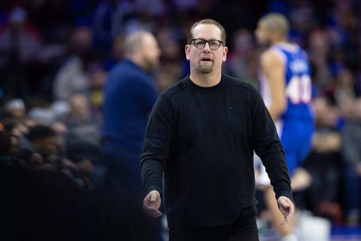 Mar 6, 2024; Philadelphia, Pennsylvania, USA; Philadelphia 76ers head coach Nick Nurse reacts to a play during the second quarter against the Memphis Grizzlies at Wells Fargo Center. Mandatory Credit: Bill Streicher-USA TODAY Sports