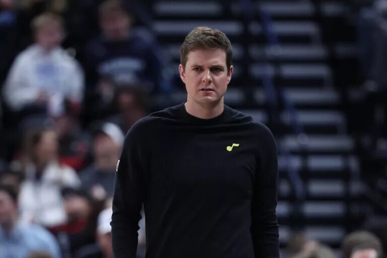 Mar 6, 2024; Salt Lake City, Utah, USA; Utah Jazz head coach Will Hardy looks on against the Chicago Bulls during the first quarter at Delta Center. Mandatory Credit: Rob Gray-USA TODAY Sports