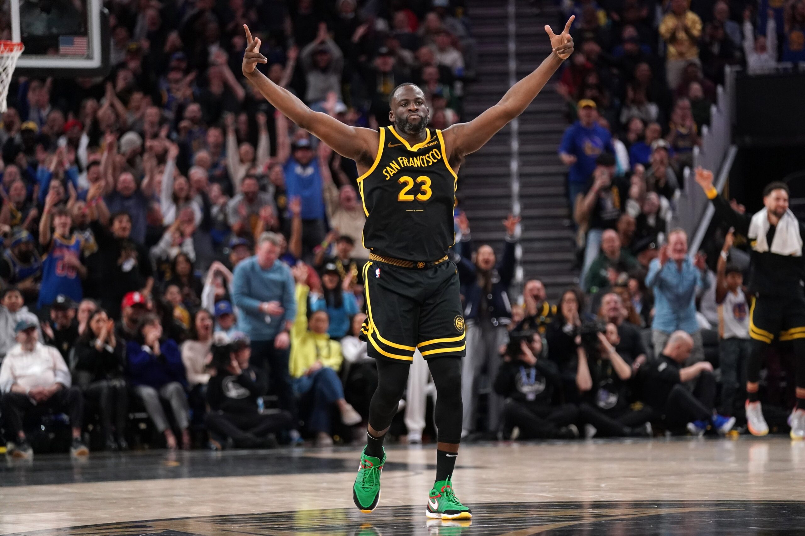 Mar 6, 2024; San Francisco, California, USA; Golden State Warriors forward Draymond Green (23) reacts after making a three point basket against the Milwaukee Bucks in the fourth quarter at the Chase Center. Mandatory Credit: Cary Edmondson-USA TODAY Sports