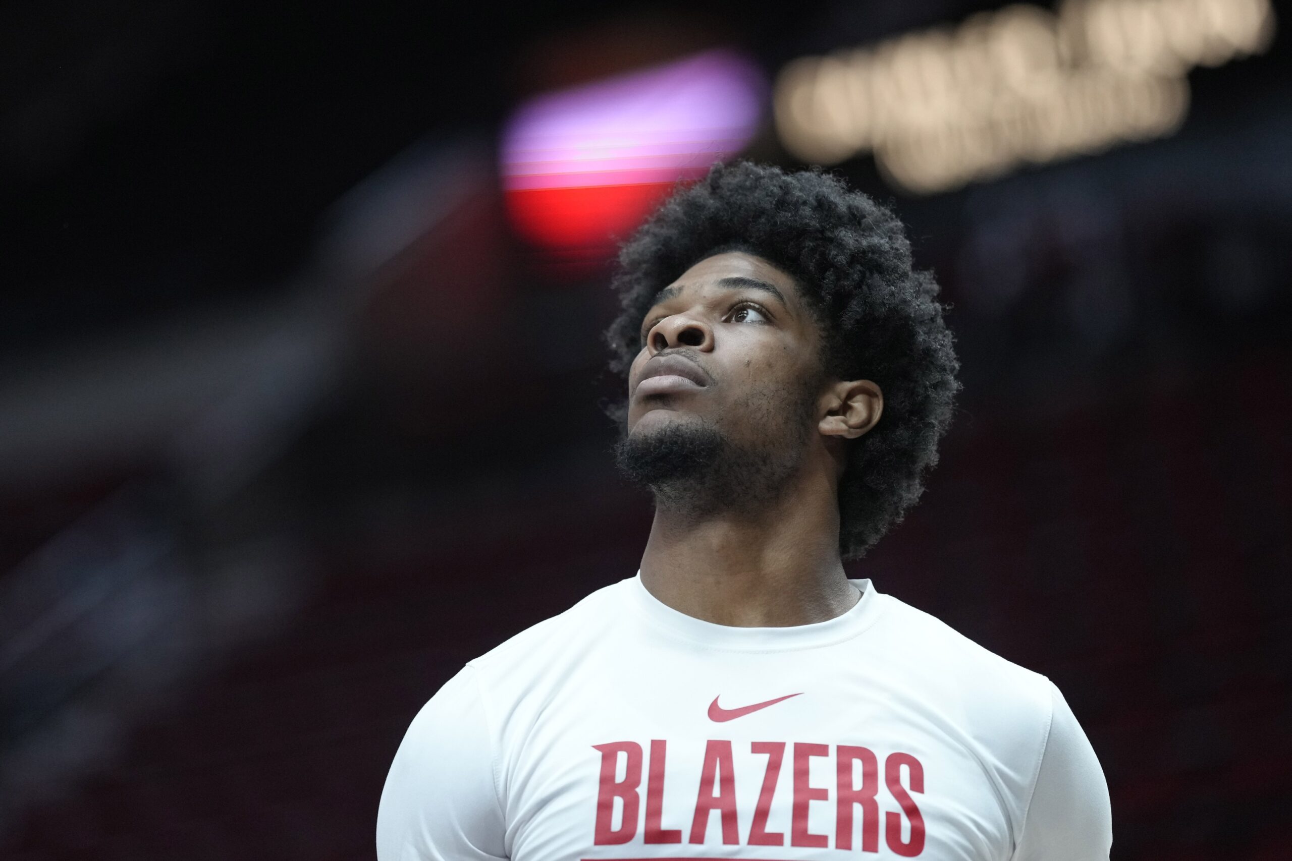Portland Trail Blazers guard Scoot Henderson (00) warms up prior to a game against the Toronto Raptors at Moda Center.