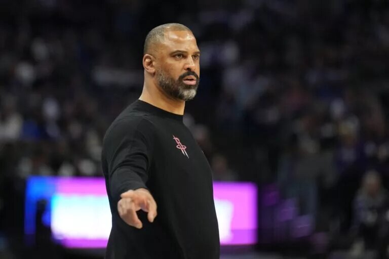 Mar 10, 2024; Sacramento, California, USA; Houston Rockets head coach Ime Udoka gestures during the third quarter against the Sacramento Kings at Golden 1 Center. Mandatory Credit: Darren Yamashita-USA TODAY Sports