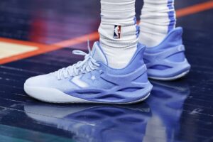 Mar 10, 2024; Oklahoma City, Oklahoma, USA; A close up view of Oklahoma City Thunder guard Shai Gilgeous-Alexander's shoes during the second half against the Memphis Grizzlies at Paycom Center. Mandatory Credit: Alonzo Adams-USA TODAY Sports