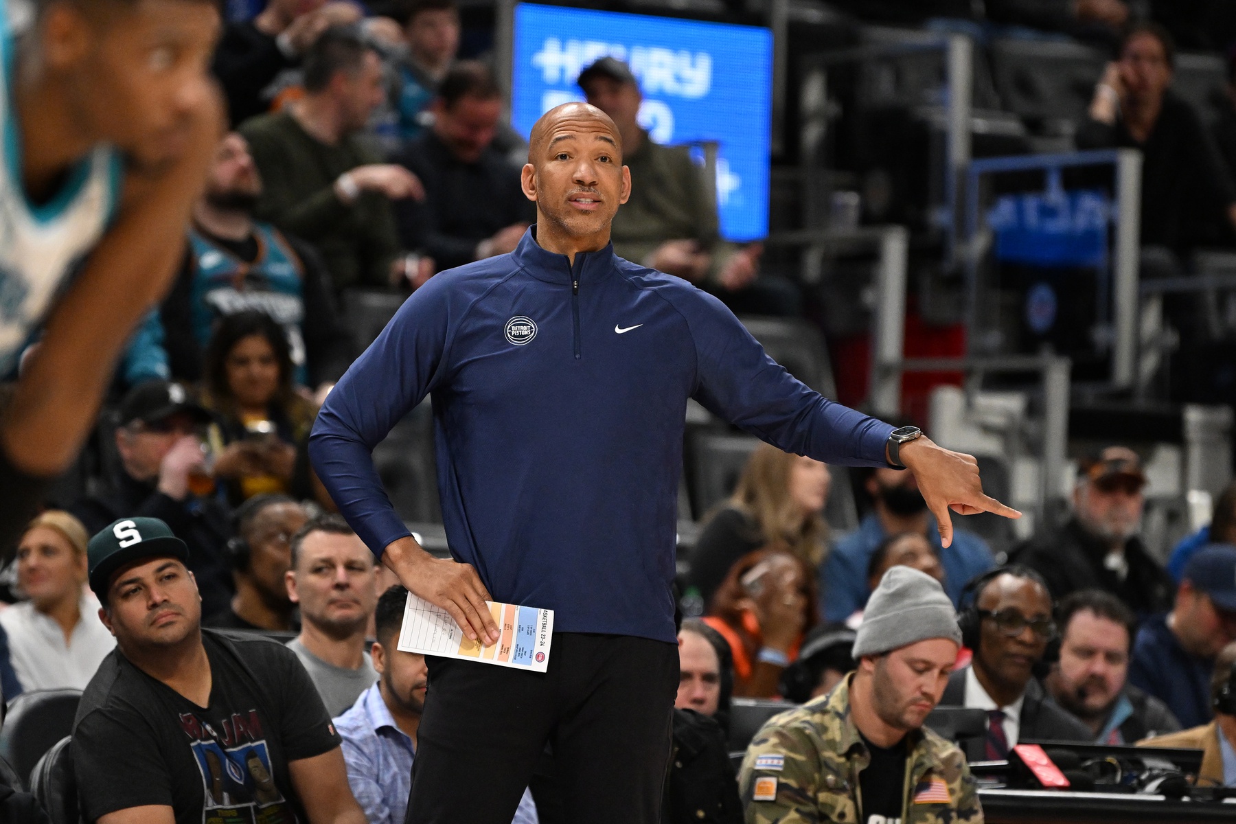 Mar 11, 2024; Detroit, Michigan, USA; Detroit Pistons head coach Monty Williams reacts from the sideline during their game against the Charlotte Hornets at Little Caesars Arena. Mandatory Credit: Lon Horwedel-USA TODAY Sports