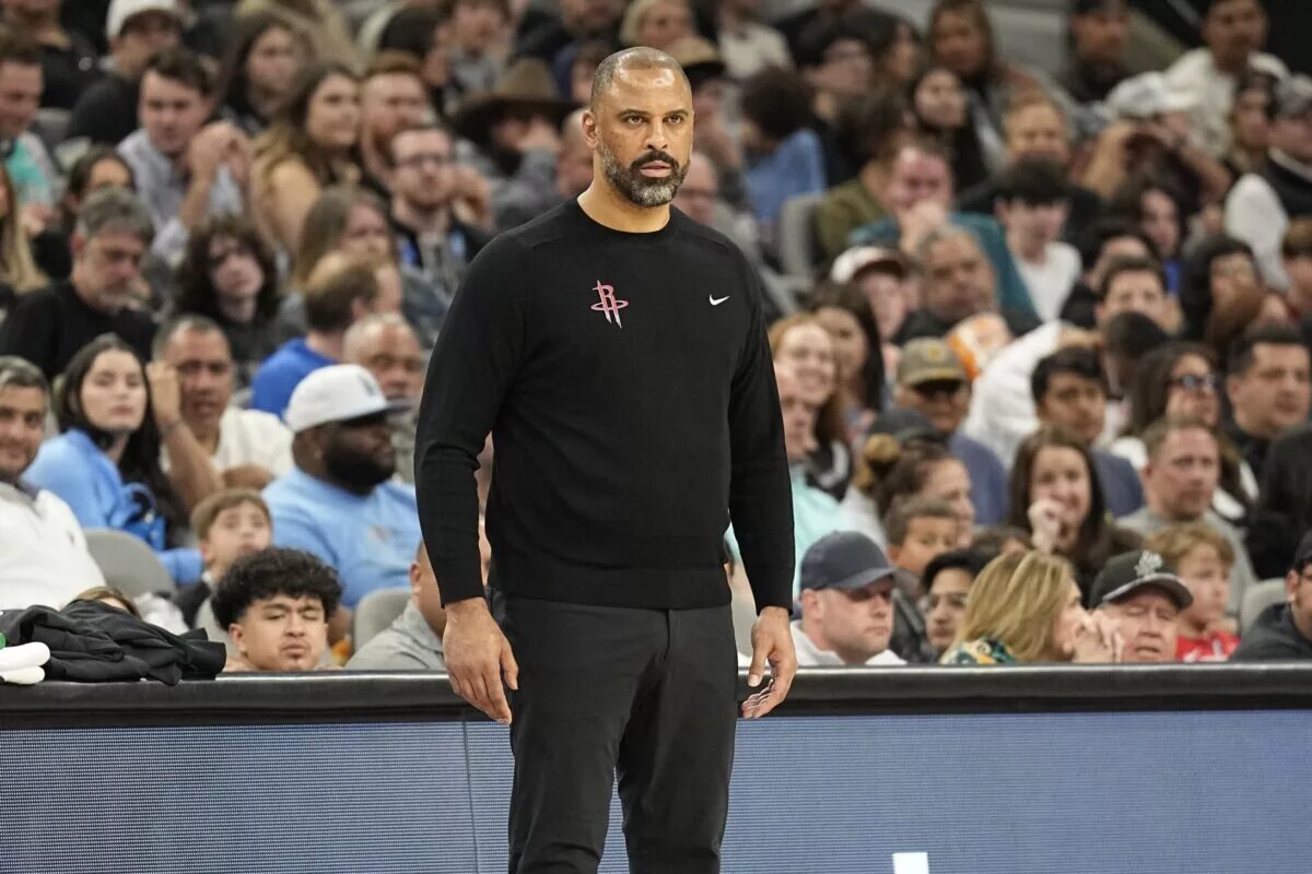 Mar 12, 2024; San Antonio, Texas, USA; Houston Rockets head coach Ime Udoka watches the second half of play against the San Antonio Spurs at Frost Bank Center. Mandatory Credit: Scott Wachter-USA TODAY Sports