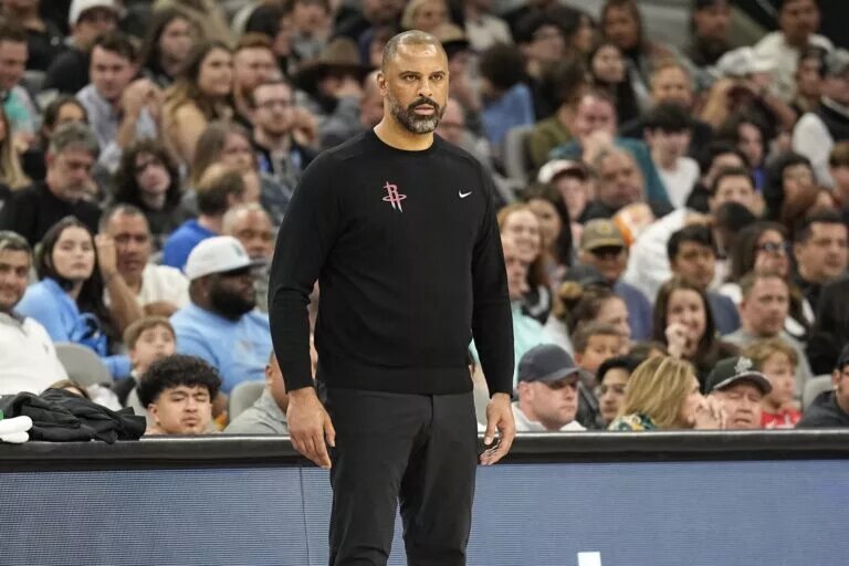 Mar 12, 2024; San Antonio, Texas, USA; Houston Rockets head coach Ime Udoka watches the second half of play against the San Antonio Spurs at Frost Bank Center. Mandatory Credit: Scott Wachter-USA TODAY Sports