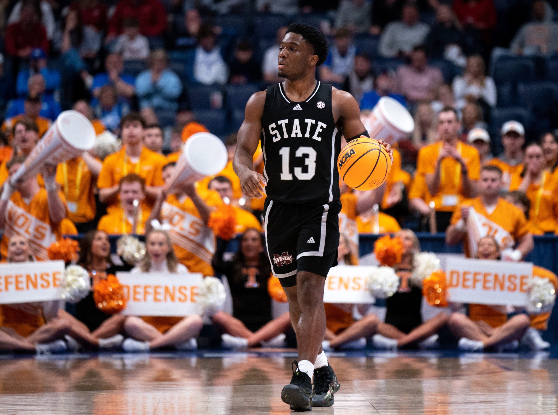 Mississippi State Bulldogs guard Josh Hubbard (13) brings the ball up the court against Tennessee during their SEC Men's Basketball Tournament quarterfinal game at Bridgestone Arena in Nashville