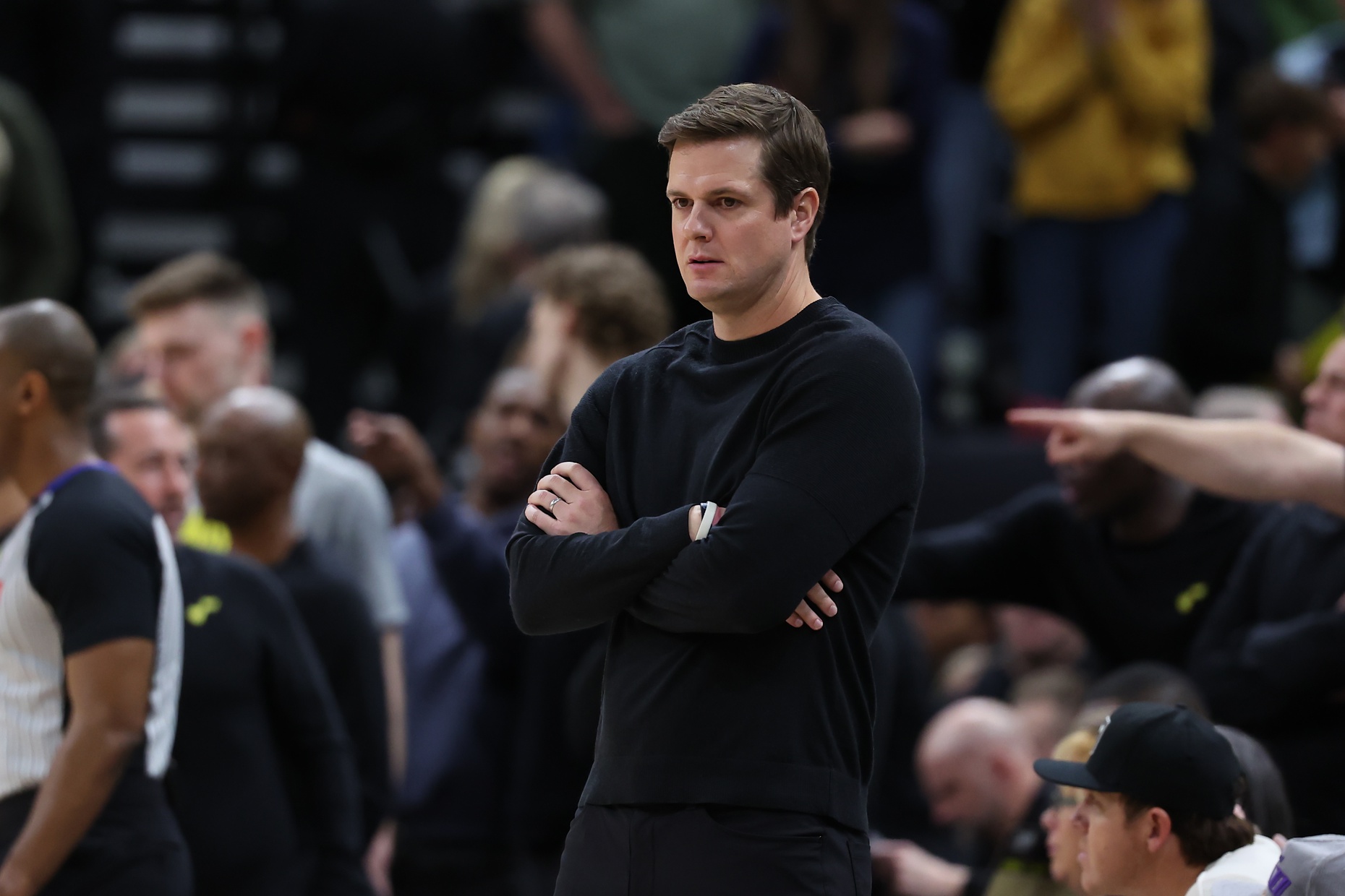 Utah Jazz head coach Will Hardy looks on against the Atlanta Hawks during the fourth quarter at Delta Center.