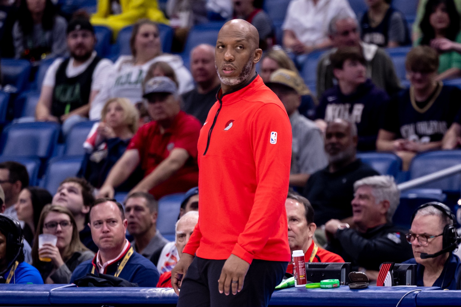 Mar 16, 2024; New Orleans, Louisiana, USA; Portland Trail Blazers head coach Chauncey Billups looks on against the New Orleans Pelicans during the first half at Smoothie King Center. Mandatory Credit: Stephen Lew-USA TODAY Sports