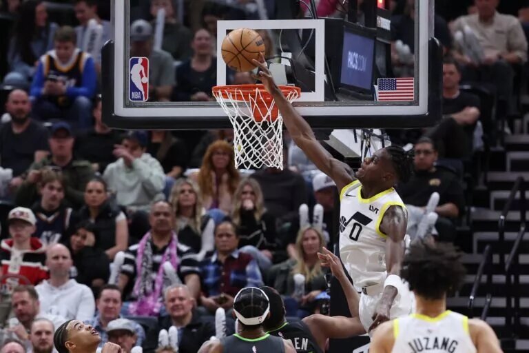 Utah Jazz rookie Taylor Hendricks blocks shot