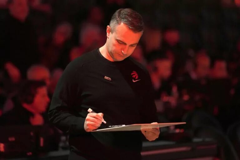 Mar 22, 2024; Toronto, Ontario, CAN; Toronto Raptors head coach Darko Rajakovic diagrams a play before the start of the game against the Oklahoma City Thunder at Scotiabank Arena. Mandatory Credit: John E. Sokolowski-USA TODAY Sports