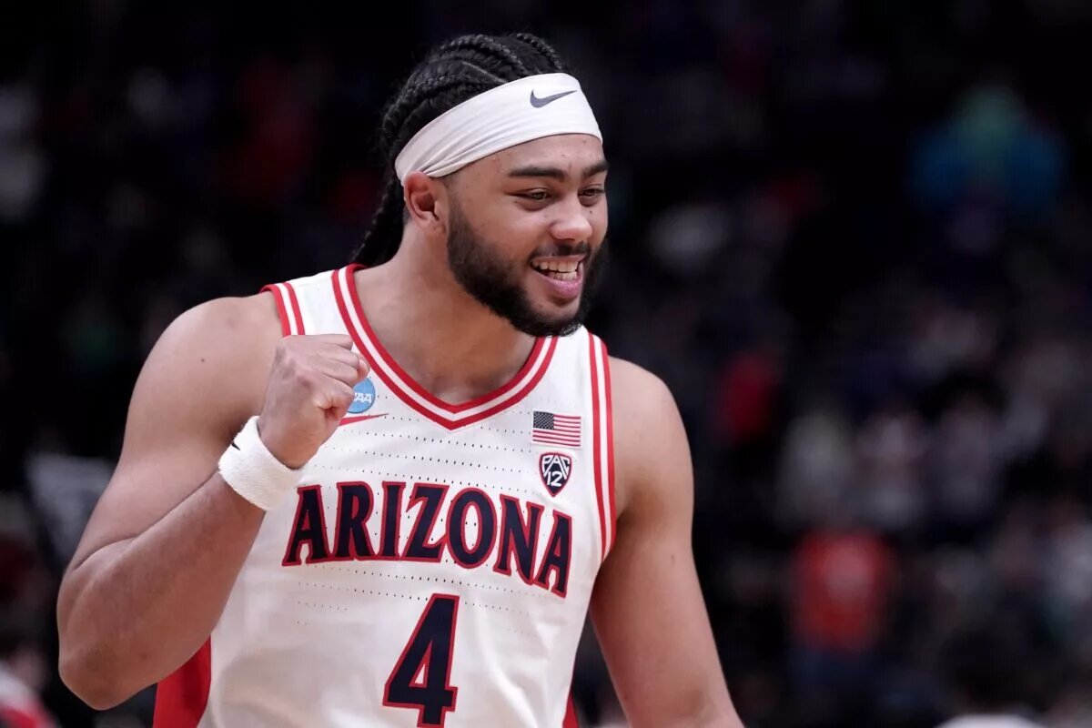 Arizona Wildcats guard Kylan Boswell (4) reacts after defeating the Dayton Flyers in the second round of the 2024 NCAA Tournament at Vivint Smart Home Arena-Delta Center.