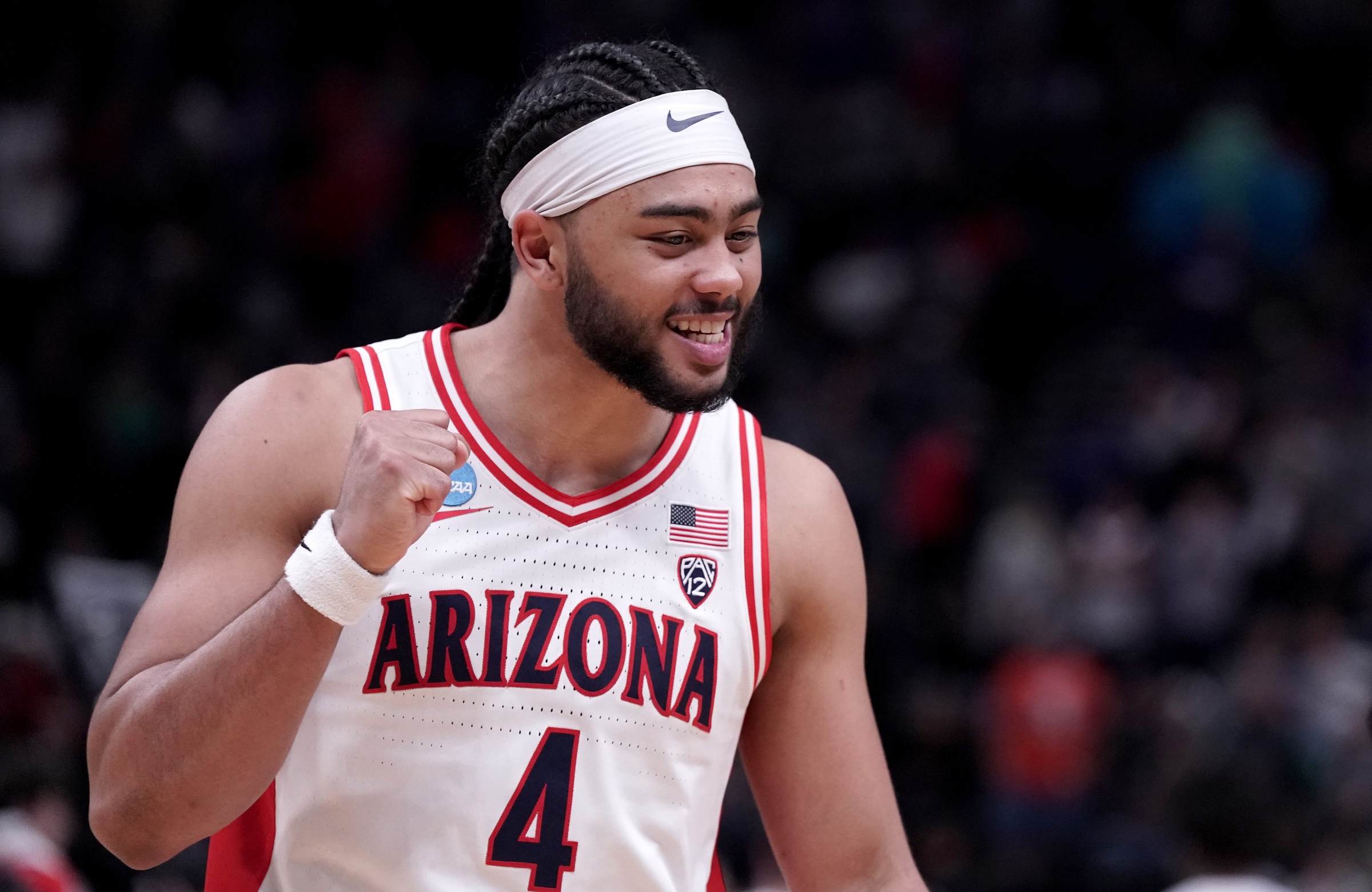 Arizona Wildcats guard Kylan Boswell (4) reacts after defeating the Dayton Flyers in the second round of the 2024 NCAA Tournament at Vivint Smart Home Arena-Delta Center.