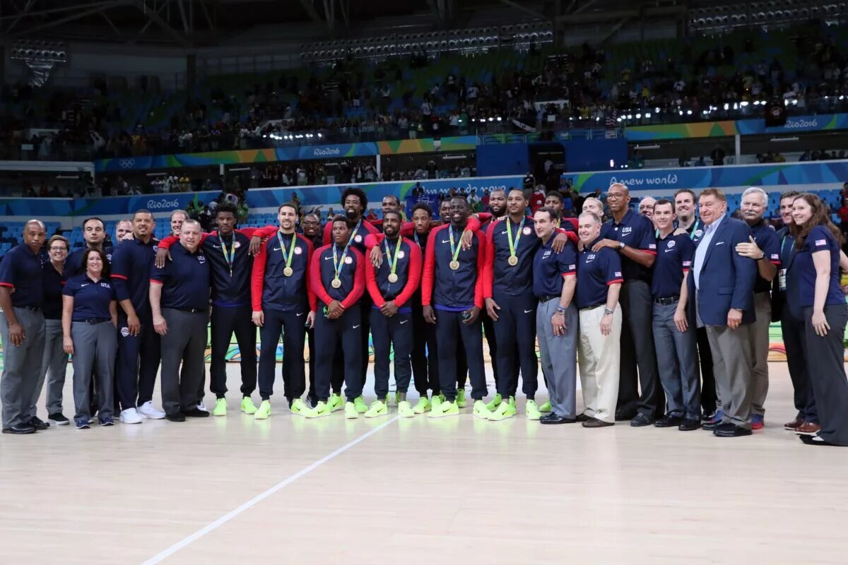 Aug 21, 2016; Rio de Janeiro, Brazil; USA basketball players and staff pose for a picture after winning the gold medal in the men's basketball gold medal match during the Rio 2016 Summer Olympic Games at Carioca Arena 1. Mandatory Credit: David E. Klutho-USA TODAY Sports