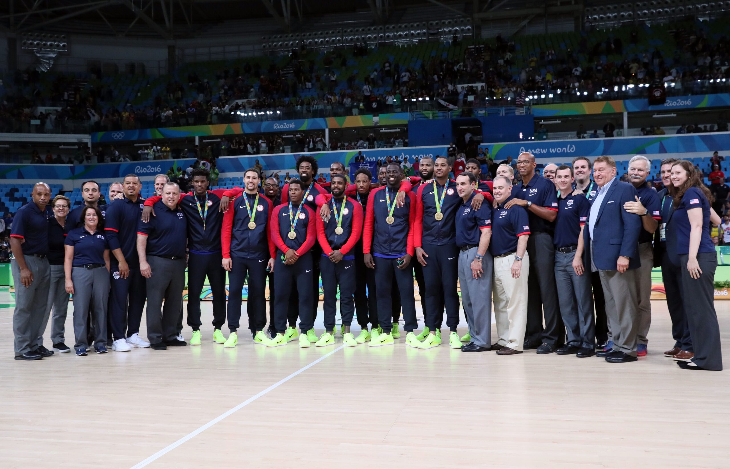 Aug 21, 2016; Rio de Janeiro, Brazil; USA basketball players and staff pose for a picture after winning the gold medal in the men's basketball gold medal match during the Rio 2016 Summer Olympic Games at Carioca Arena 1. Mandatory Credit: David E. Klutho-USA TODAY Sports