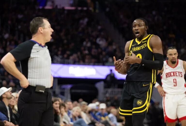 Golden State Warriors forward Jonathan Kuminga argues call while playing against Houston Rockets