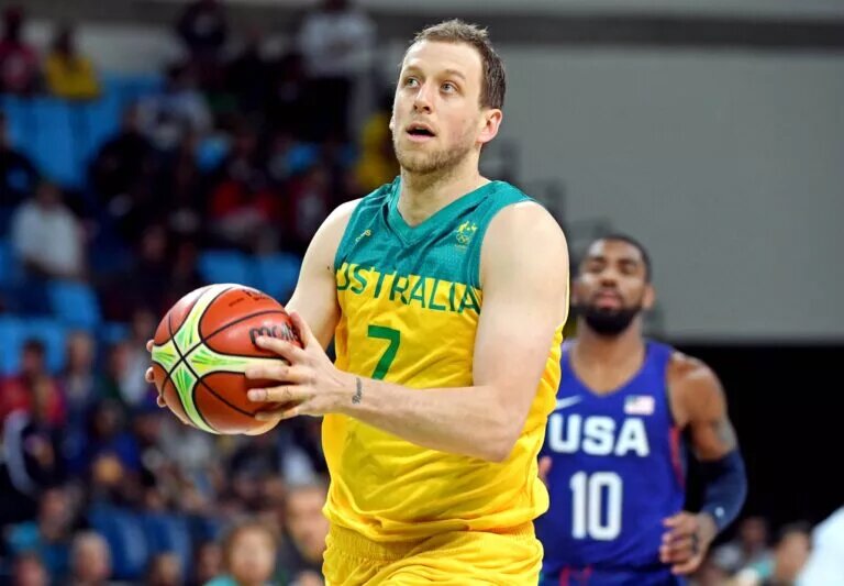 Team USA guard Kyrie Irving guard looks at Australia forward Joe Ingles in the Rio Olympics
