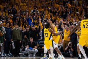 Indiana Pacers guard Tyrese Halliburton celebrates after game-winner