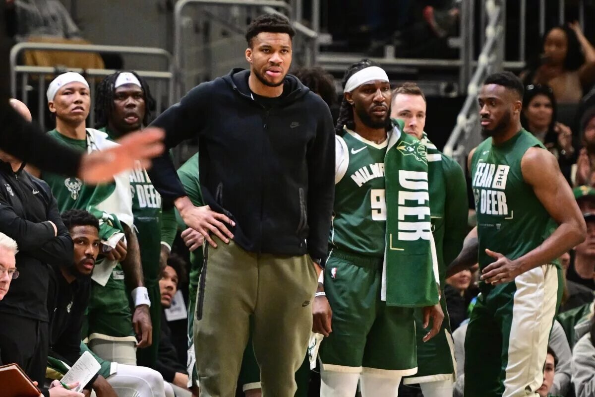 Milwaukee Bucks superstar Giannis Antetokounmpo, out with injury