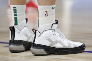 Feb 6, 2023; Detroit, Michigan, USA; A detailed view of the shoes worn by Boston Celtics forward Blake Griffin (91) in the second half against the Detroit Pistons at Little Caesars Arena. Mandatory Credit: Rick Osentoski-USA TODAY Sports