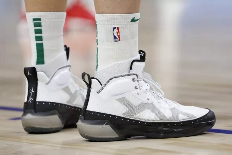 Feb 6, 2023; Detroit, Michigan, USA; A detailed view of the shoes worn by Boston Celtics forward Blake Griffin (91) in the second half against the Detroit Pistons at Little Caesars Arena. Mandatory Credit: Rick Osentoski-USA TODAY Sports