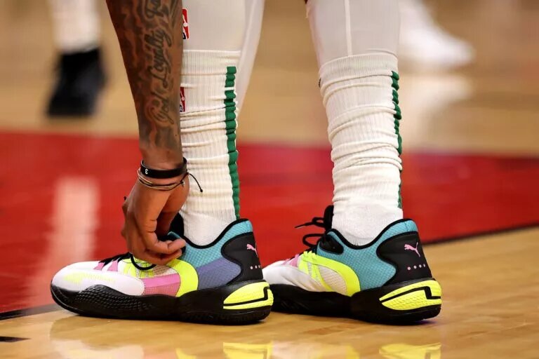 Apr 2, 2023; Houston, Texas, USA; A detail shot of sneakers worn by Houston Rockets guard Kevin Porter Jr. (3) against the Los Angeles Lakers during the first quarter at Toyota Center. Mandatory Credit: Erik Williams-USA TODAY Sports