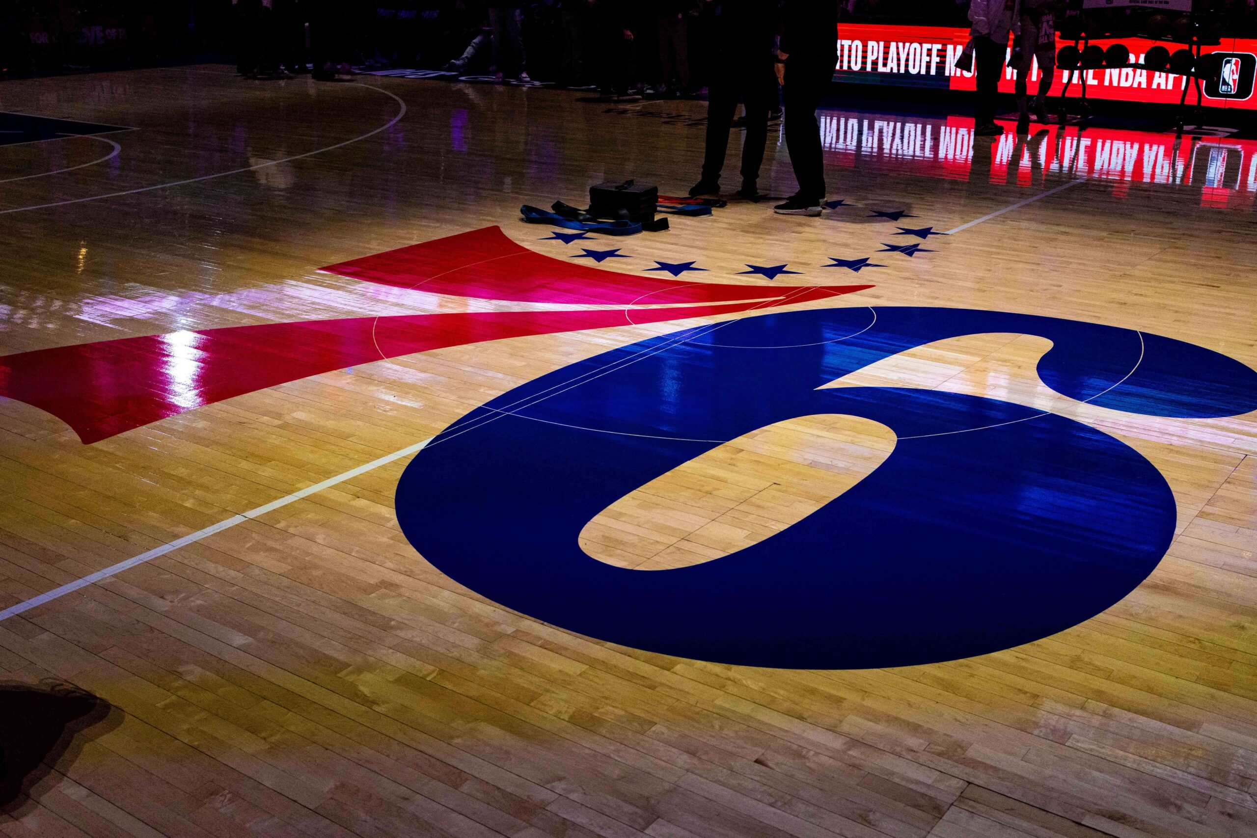 May 11, 2023; Philadelphia, Pennsylvania, USA; General view of center court with the Philadelphia 76ers logo before game six of the 2023 NBA playoffs against the Boston Celtics at Wells Fargo Center. Mandatory Credit: Bill Streicher-USA TODAY Sports