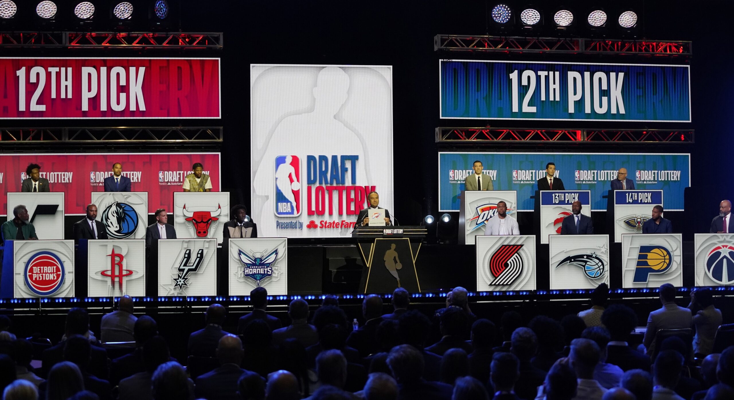 A overall shot of the 2023 NBA Draft Lottery at McCormick Place West.