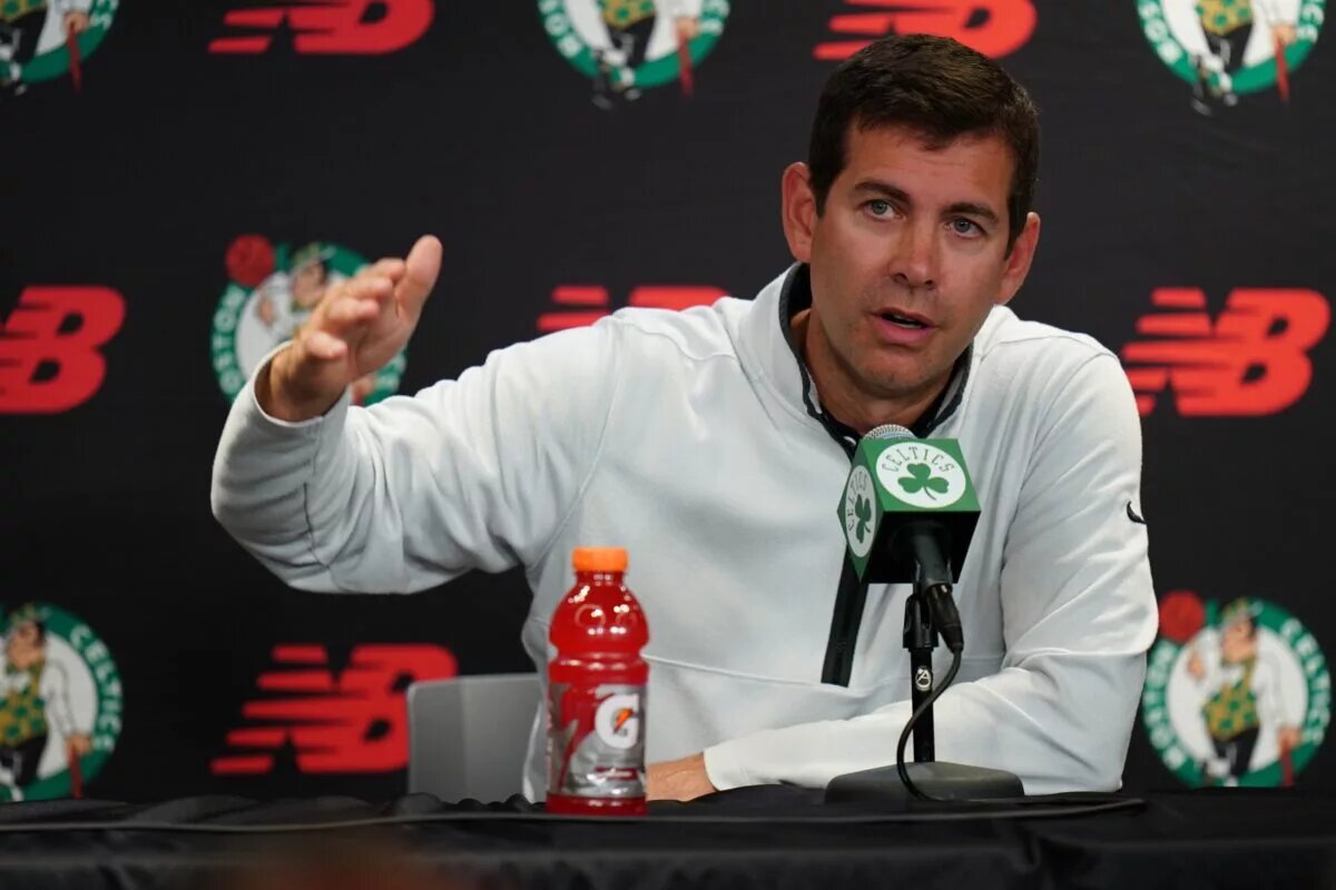 Oct 2, 2023; Boston, Celtics, USA; Boston Celtics president of basketball operations Brad Stevens talks during Boston Celtics Media Day. Mandatory Credit: David Butler II-USA TODAY Sports