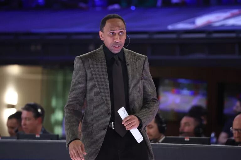 Feb 16, 2024; Indianapolis, IN, USA; Team Stephen A coach Stephen A. Smith looks on against Team Shannon during the All Star Celebrity Game at Lucas Oil Stadium. Mandatory Credit: Trevor Ruszkowski-USA TODAY Sports