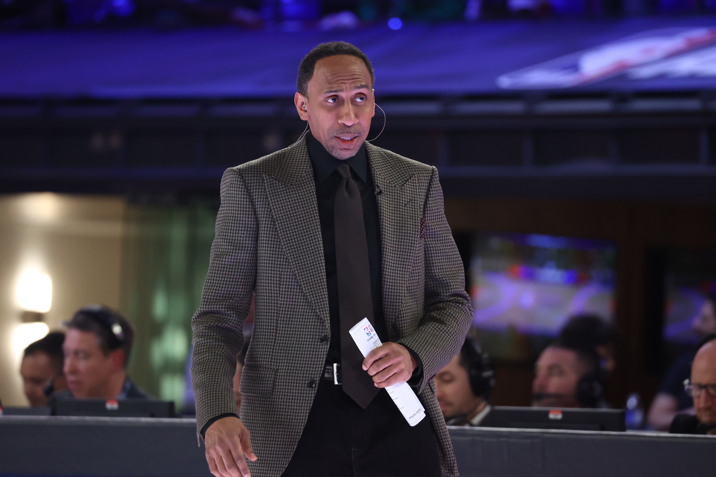 Feb 16, 2024; Indianapolis, IN, USA; Team Stephen A coach Stephen A. Smith looks on against Team Shannon during the All Star Celebrity Game at Lucas Oil Stadium. Mandatory Credit: Trevor Ruszkowski-USA TODAY Sports