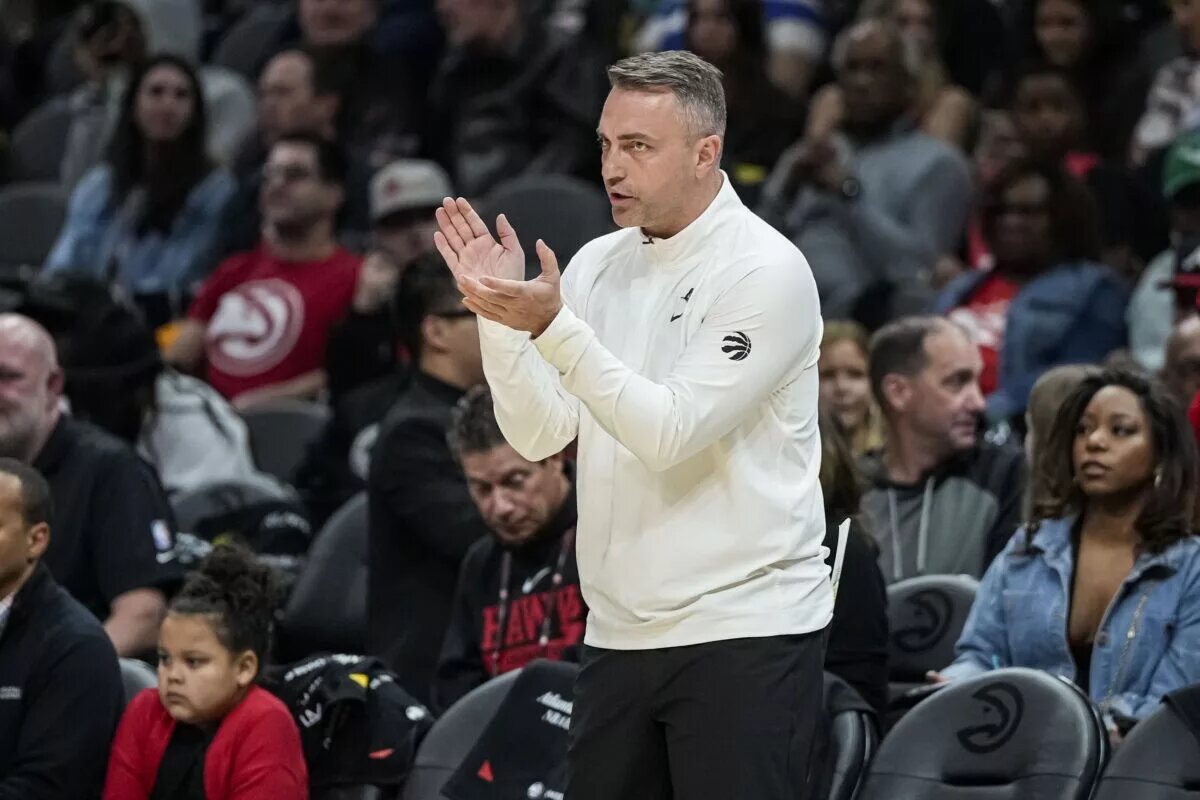 Feb 23, 2024; Atlanta, Georgia, USA; Toronto Raptors head coach Darko Rajakovic reacts during the game against the Atlanta Hawks during the first half at State Farm Arena. Mandatory Credit: Dale Zanine-USA TODAY Sports
