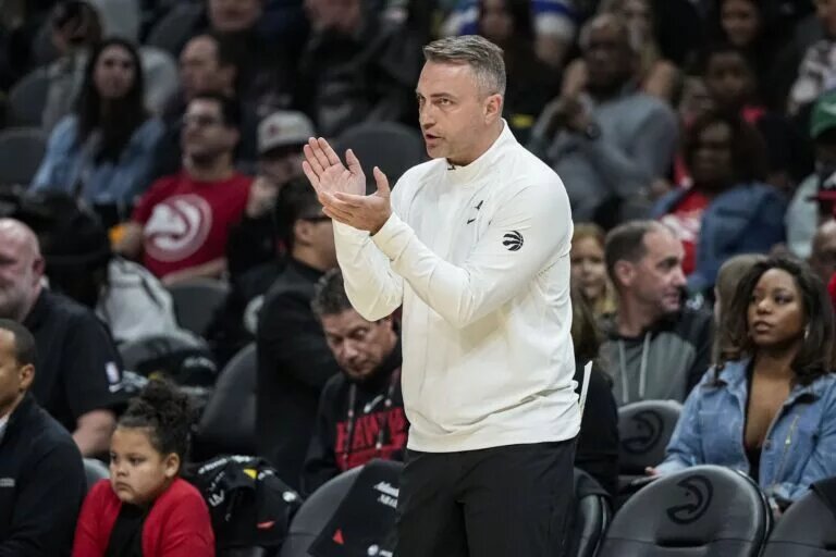 Feb 23, 2024; Atlanta, Georgia, USA; Toronto Raptors head coach Darko Rajakovic reacts during the game against the Atlanta Hawks during the first half at State Farm Arena. Mandatory Credit: Dale Zanine-USA TODAY Sports
