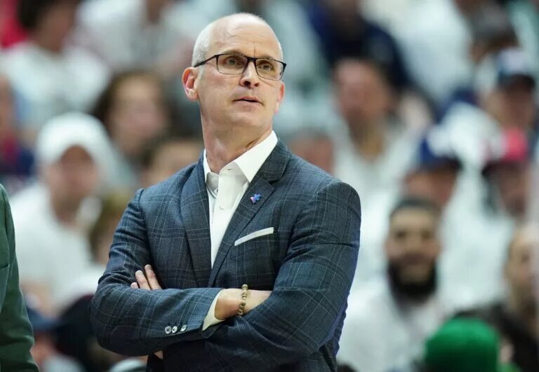 Feb 24, 2024; Storrs, Connecticut, USA; UConn Huskies head coach Dan Hurley watches from the sideline as they take on the Villanova Wildcats at Harry A. Gampel Pavilion. Mandatory Credit: David Butler II-USA TODAY Sports