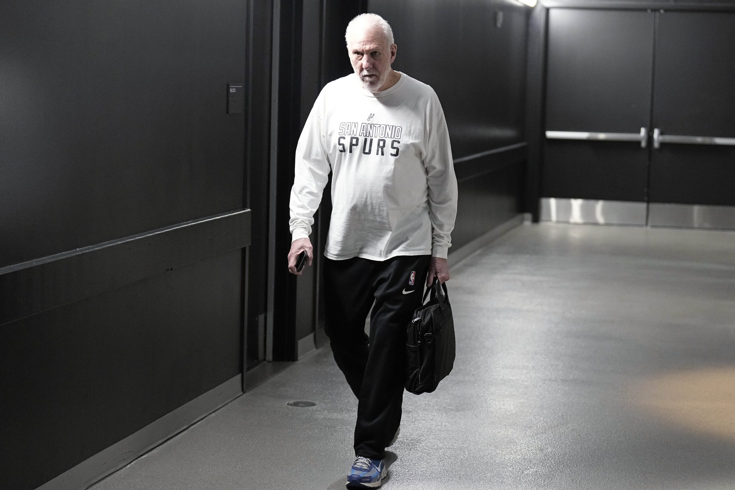 Mar 17, 2024; Austin, Texas, USA; San Antonio Spurs head coach Gregg Popovich enters Moody Center before a game against the Brooklyn Nets. Mandatory Credit: Scott Wachter-USA TODAY Sports