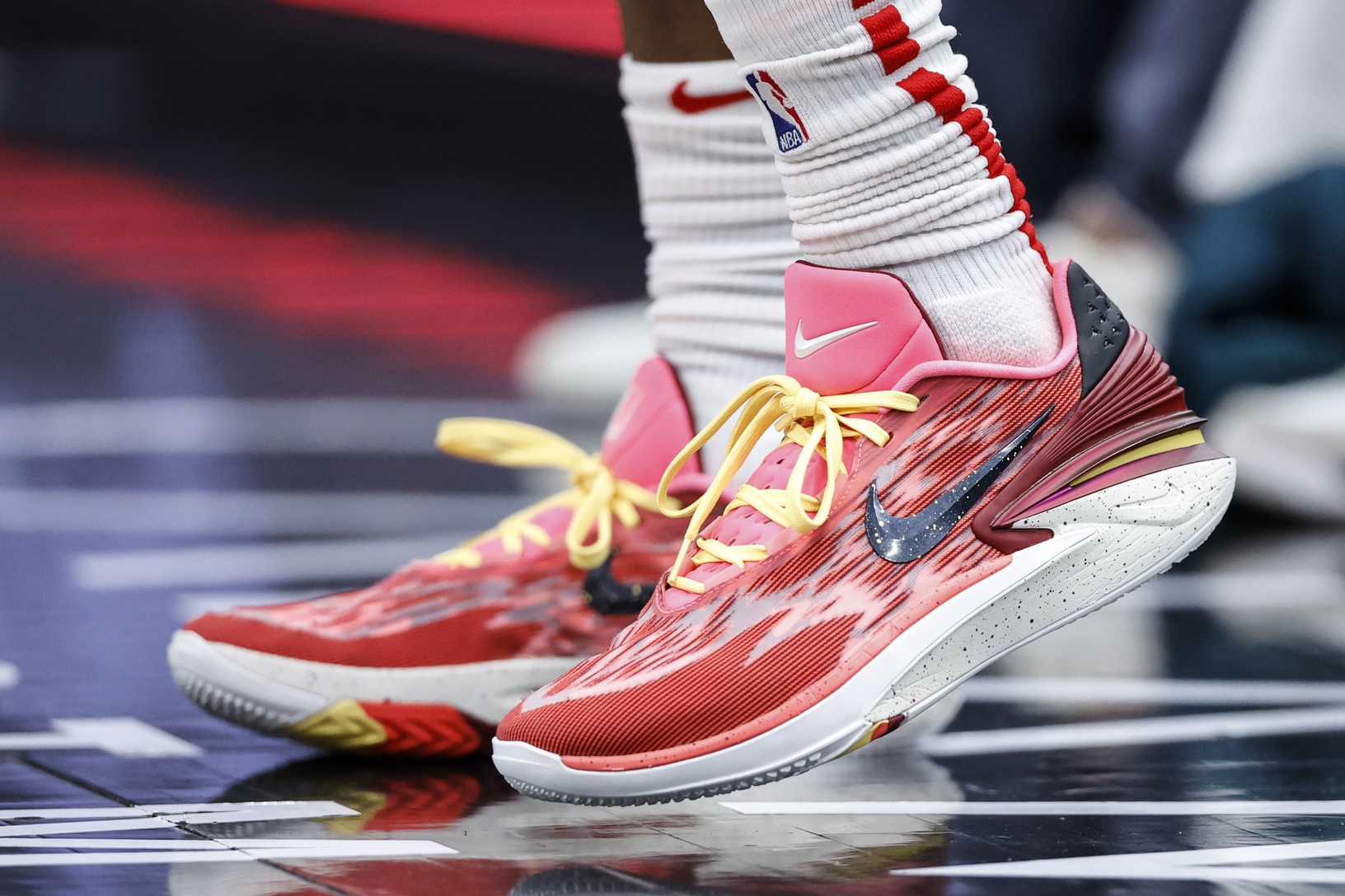 Mar 18, 2024; Chicago, Illinois, USA; Chicago Bulls guard Ayo Dosunmu (12) shoes are seen during the first half at United Center. Mandatory Credit: Kamil Krzaczynski-USA TODAY Sports
